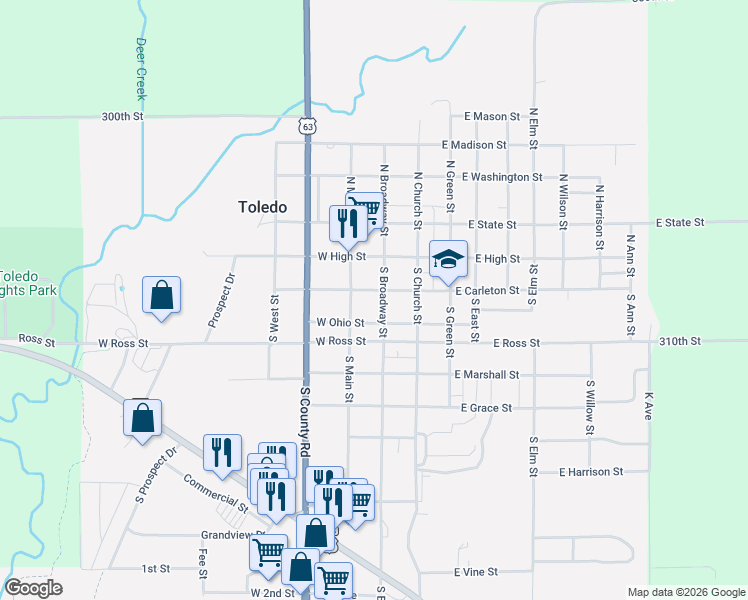 map of restaurants, bars, coffee shops, grocery stores, and more near 206 South Broadway Street in Toledo