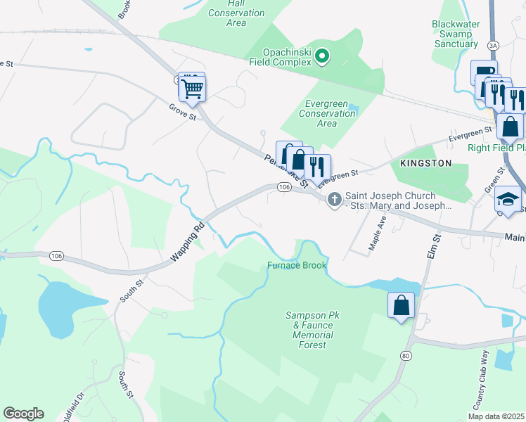 map of restaurants, bars, coffee shops, grocery stores, and more near 14 1/2 Wapping Road in Kingston