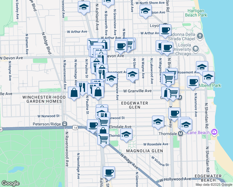 map of restaurants, bars, coffee shops, grocery stores, and more near 1501 West Granville Avenue in Chicago