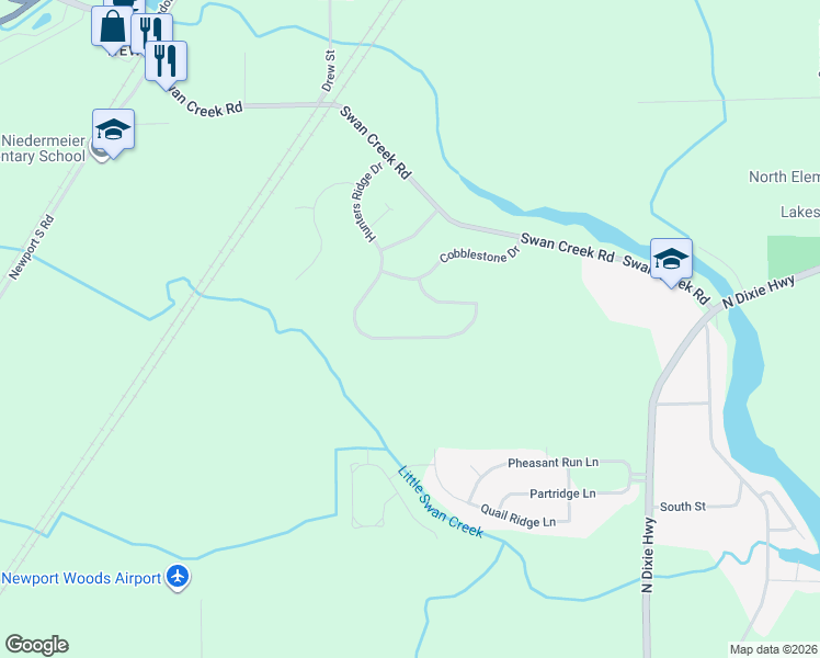 map of restaurants, bars, coffee shops, grocery stores, and more near 8094 Hunters Ridge Drive in Charter Township of Berlin