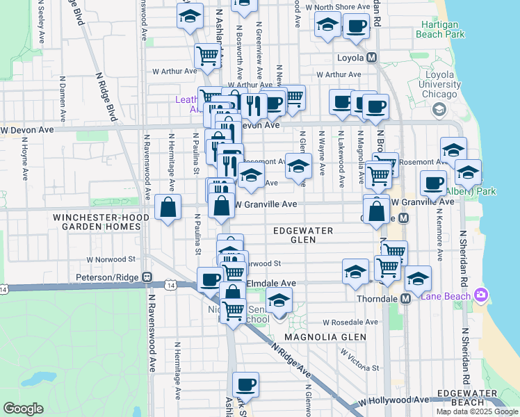 map of restaurants, bars, coffee shops, grocery stores, and more near 1505 West Granville Avenue in Chicago
