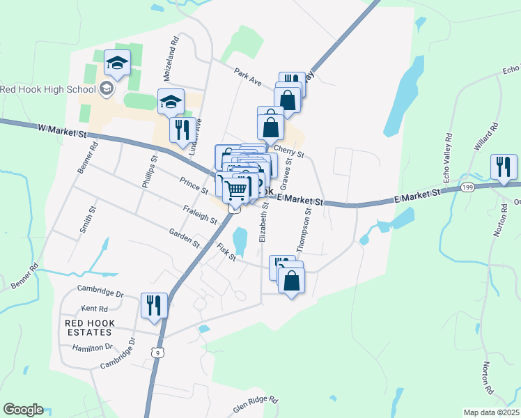 map of restaurants, bars, coffee shops, grocery stores, and more near 10 Elizabeth Street in Red Hook