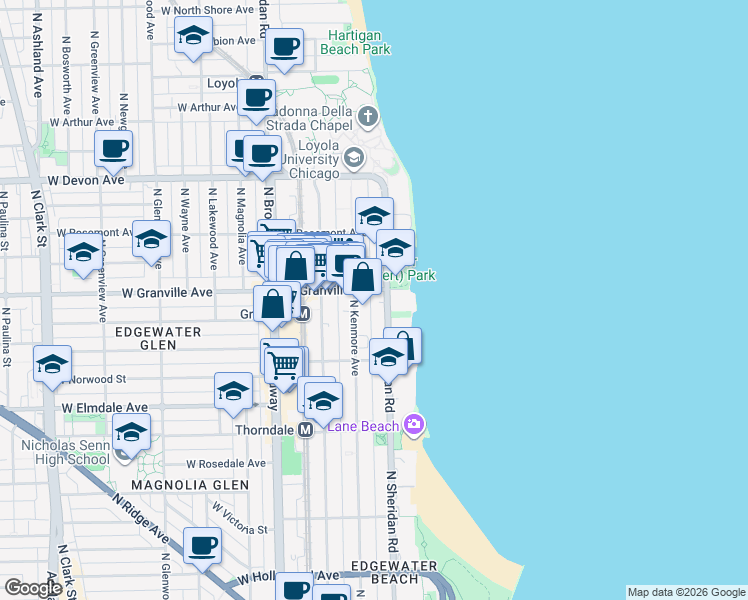 map of restaurants, bars, coffee shops, grocery stores, and more near 6166 North Sheridan Road in Chicago