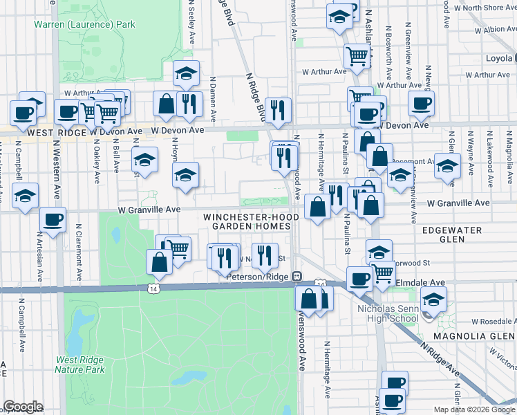 map of restaurants, bars, coffee shops, grocery stores, and more near 6177 North Winchester Avenue in Chicago