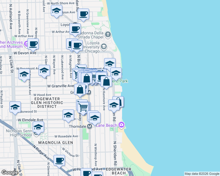 map of restaurants, bars, coffee shops, grocery stores, and more near 6157 North Sheridan Road in Chicago
