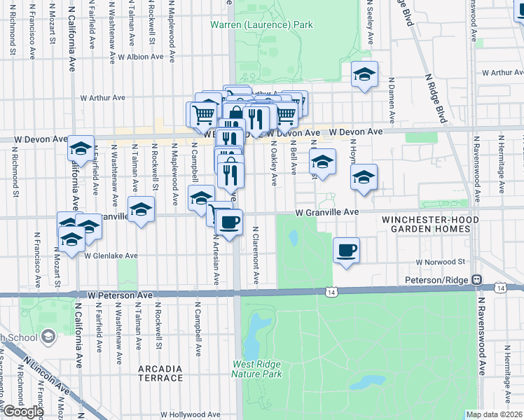 map of restaurants, bars, coffee shops, grocery stores, and more near 2320 West Granville Avenue in Chicago