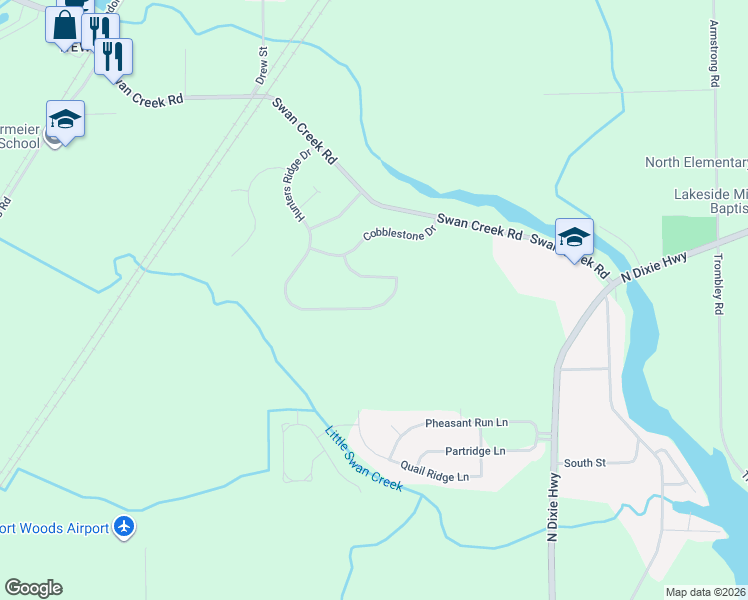 map of restaurants, bars, coffee shops, grocery stores, and more near 8082 Hunters Ridge Drive in Charter Township of Berlin