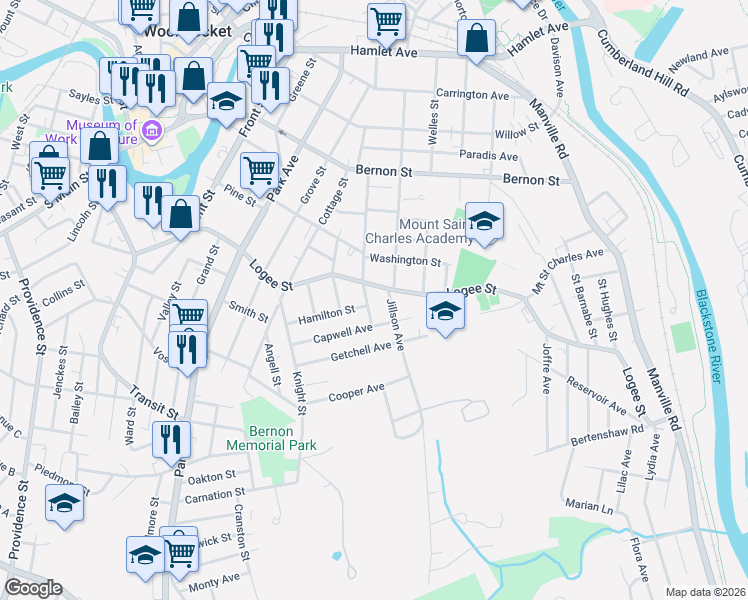 map of restaurants, bars, coffee shops, grocery stores, and more near 35 Jillson Avenue in Woonsocket