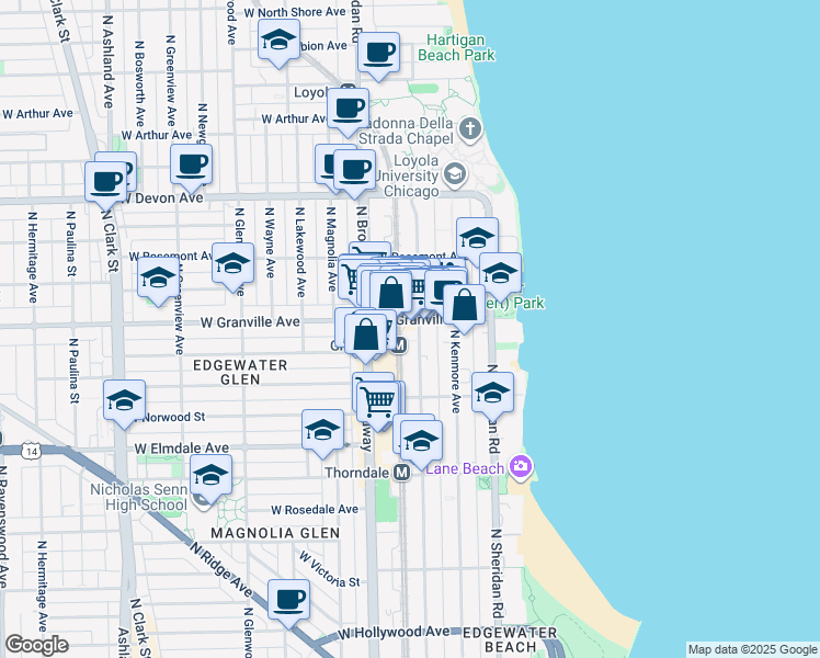map of restaurants, bars, coffee shops, grocery stores, and more near 6158 North Winthrop Avenue in Chicago