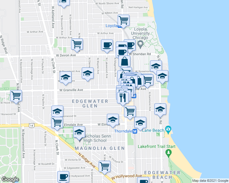map of restaurants, bars, coffee shops, grocery stores, and more near 1222 West Hood Avenue in Chicago