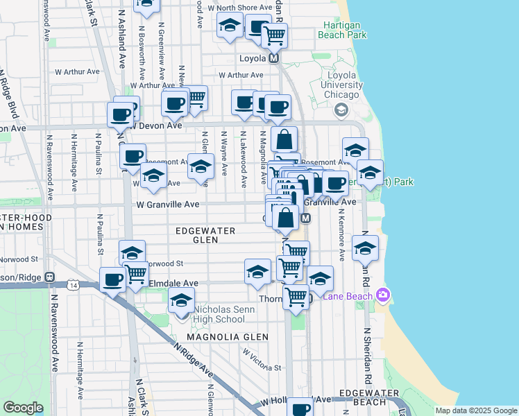 map of restaurants, bars, coffee shops, grocery stores, and more near 1222 West Hood Avenue in Chicago