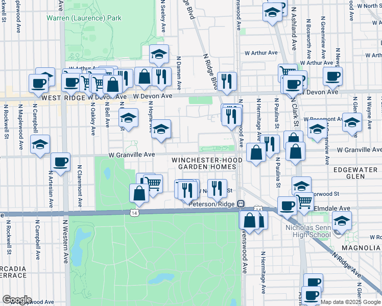 map of restaurants, bars, coffee shops, grocery stores, and more near 1961 West Granville Avenue in Chicago