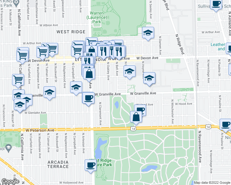 map of restaurants, bars, coffee shops, grocery stores, and more near 2250 West Granville Avenue in Chicago