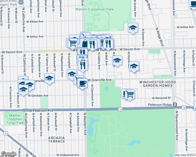 map of restaurants, bars, coffee shops, grocery stores, and more near 2250 West Granville Avenue in Chicago
