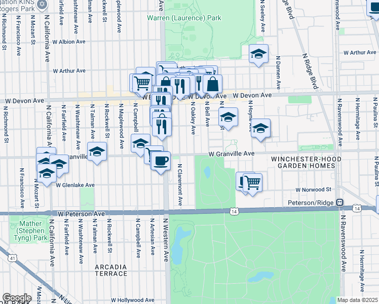 map of restaurants, bars, coffee shops, grocery stores, and more near 2250 West Granville Avenue in Chicago