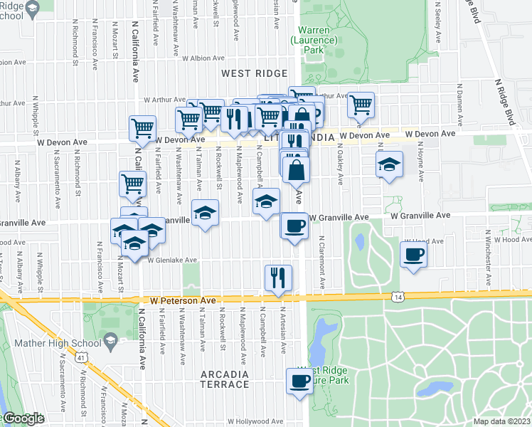 map of restaurants, bars, coffee shops, grocery stores, and more near 2441 West Granville Avenue in Chicago