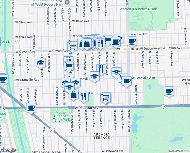 map of restaurants, bars, coffee shops, grocery stores, and more near 6154 North Talman Avenue in Chicago