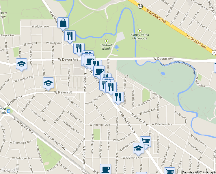 map of restaurants, bars, coffee shops, grocery stores, and more near 6201 North Milwaukee Avenue in Chicago