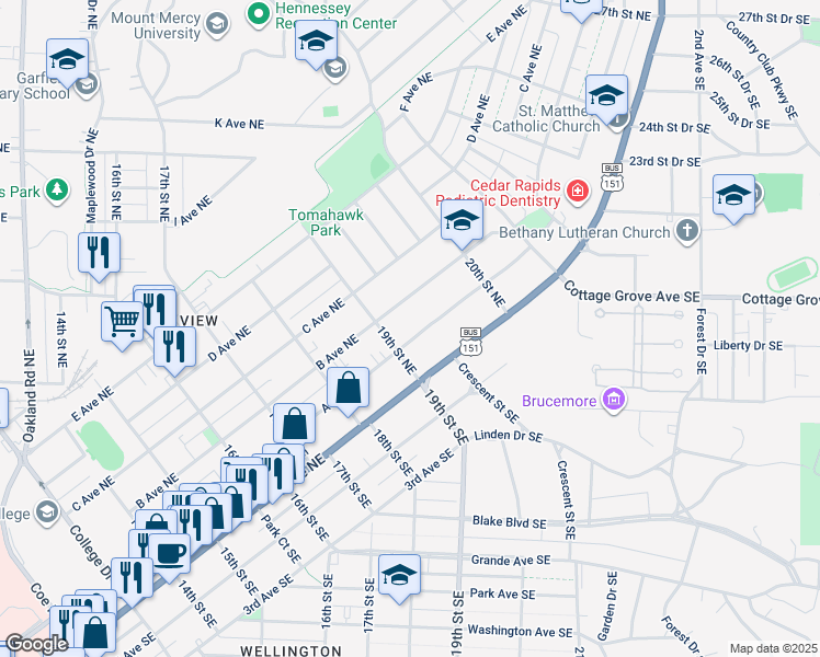 map of restaurants, bars, coffee shops, grocery stores, and more near 1917 A Avenue Northeast in Cedar Rapids