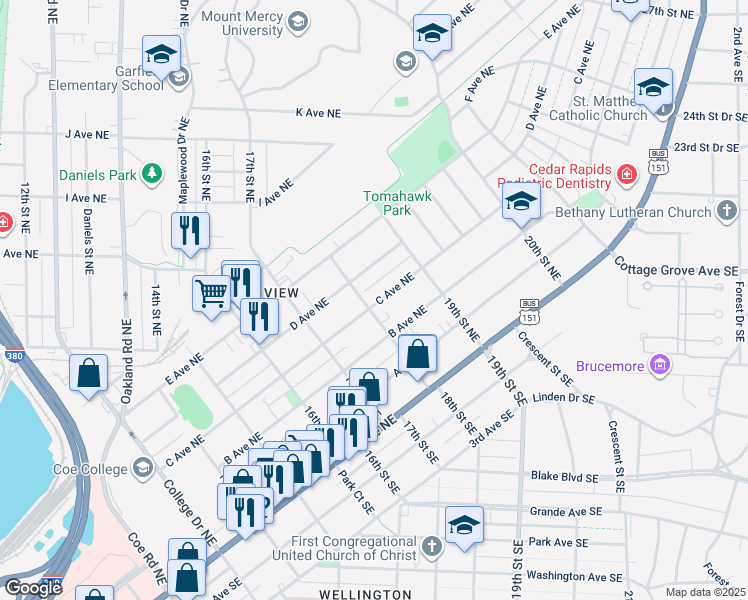 map of restaurants, bars, coffee shops, grocery stores, and more near 1811 C Avenue Northeast in Cedar Rapids