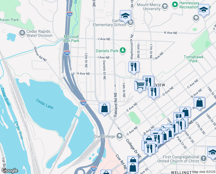 map of restaurants, bars, coffee shops, grocery stores, and more near 838 Daniels Street Northeast in Cedar Rapids