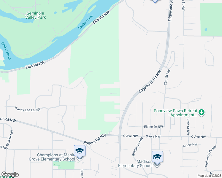 map of restaurants, bars, coffee shops, grocery stores, and more near 1840 Edgewood Drive Northwest in Cedar Rapids