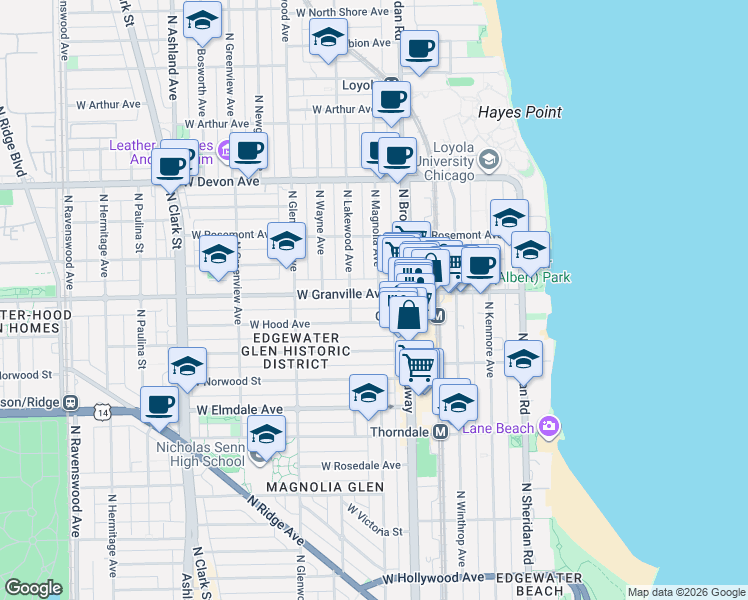 map of restaurants, bars, coffee shops, grocery stores, and more near 1222 West Hood Avenue in Chicago