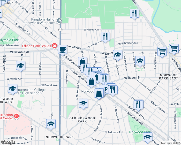 map of restaurants, bars, coffee shops, grocery stores, and more near 6173 North Northwest Highway in Chicago