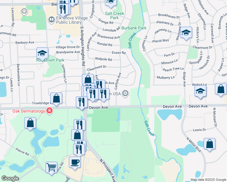 map of restaurants, bars, coffee shops, grocery stores, and more near 1324 Carlisle Avenue in Elk Grove Village