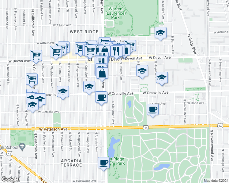map of restaurants, bars, coffee shops, grocery stores, and more near 6205 North Claremont Avenue in Chicago