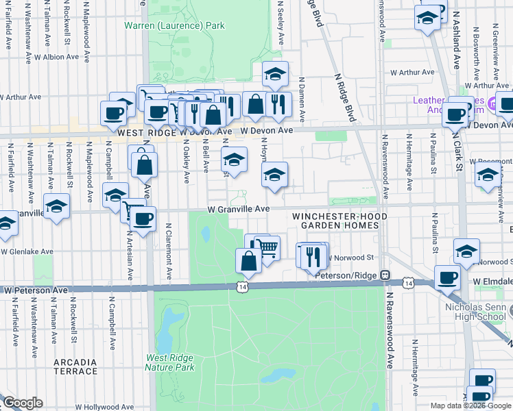 map of restaurants, bars, coffee shops, grocery stores, and more near 6230 North Hoyne Avenue in Chicago