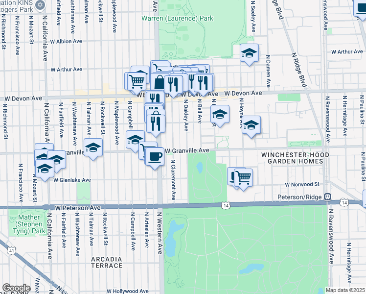 map of restaurants, bars, coffee shops, grocery stores, and more near 2250 West Granville Avenue in Chicago