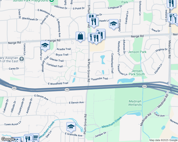map of restaurants, bars, coffee shops, grocery stores, and more near 577 Plum Grove Rd in Roselle