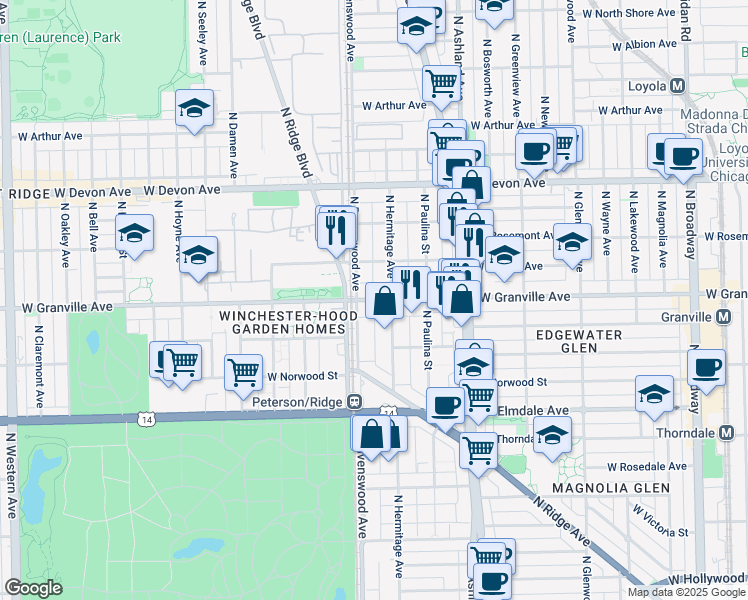 map of restaurants, bars, coffee shops, grocery stores, and more near 1743 West Granville Avenue in Chicago
