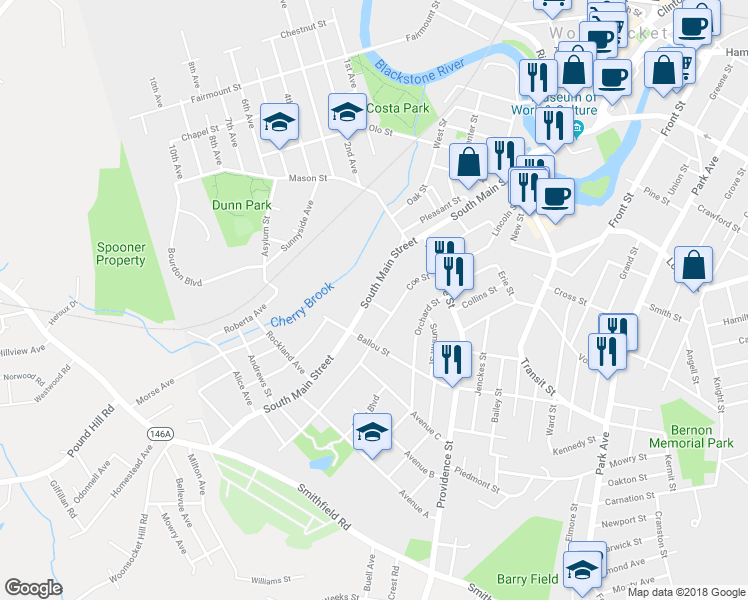 map of restaurants, bars, coffee shops, grocery stores, and more near 440 South Main Street in Woonsocket