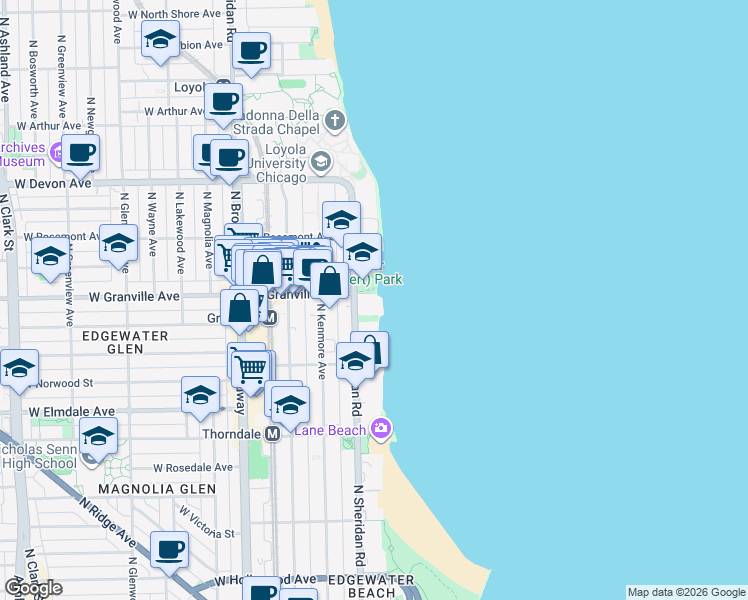 map of restaurants, bars, coffee shops, grocery stores, and more near 6157 North Sheridan Road in Chicago