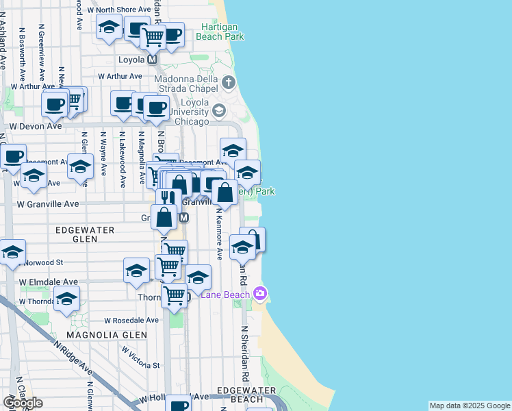 map of restaurants, bars, coffee shops, grocery stores, and more near 6171 North Sheridan Road in Chicago