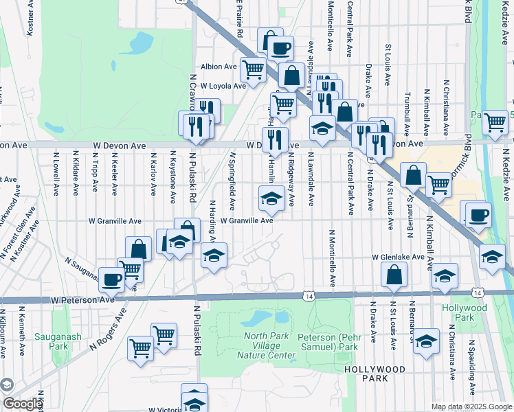 map of restaurants, bars, coffee shops, grocery stores, and more near 6206 North Hamlin Avenue in Chicago