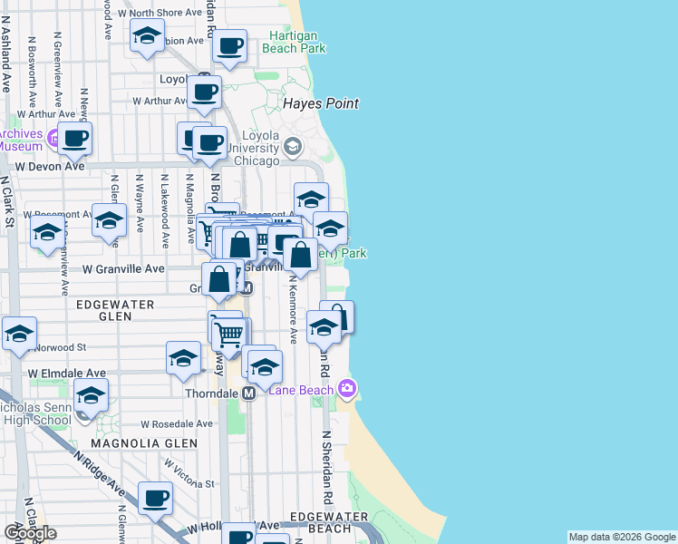 map of restaurants, bars, coffee shops, grocery stores, and more near 6171 North Sheridan Road in Chicago