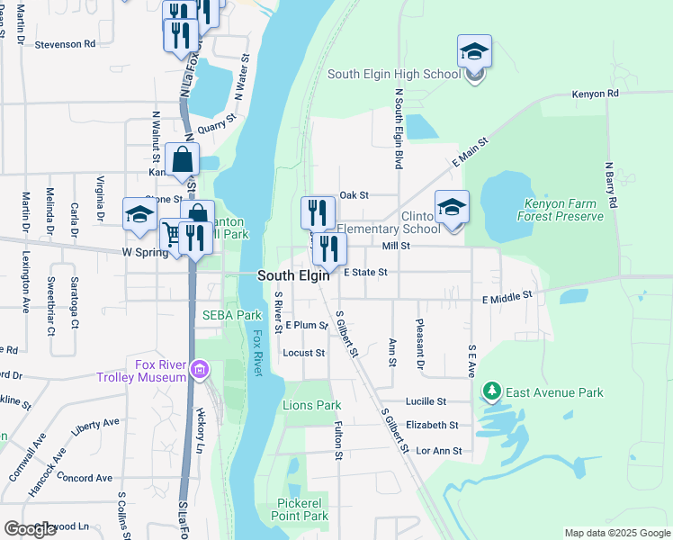 map of restaurants, bars, coffee shops, grocery stores, and more near 20 South Gilbert Street in South Elgin