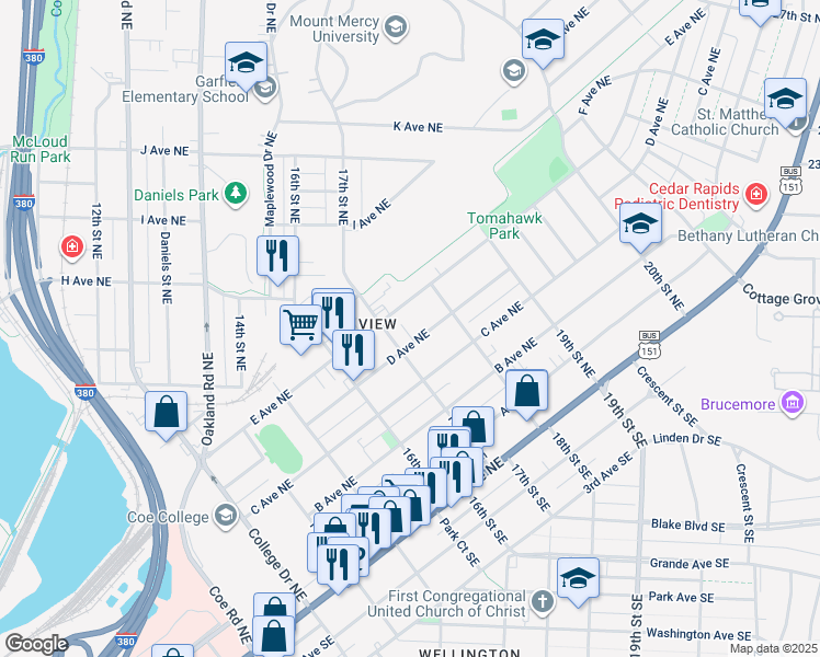map of restaurants, bars, coffee shops, grocery stores, and more near 1716 D Avenue Northeast in Cedar Rapids