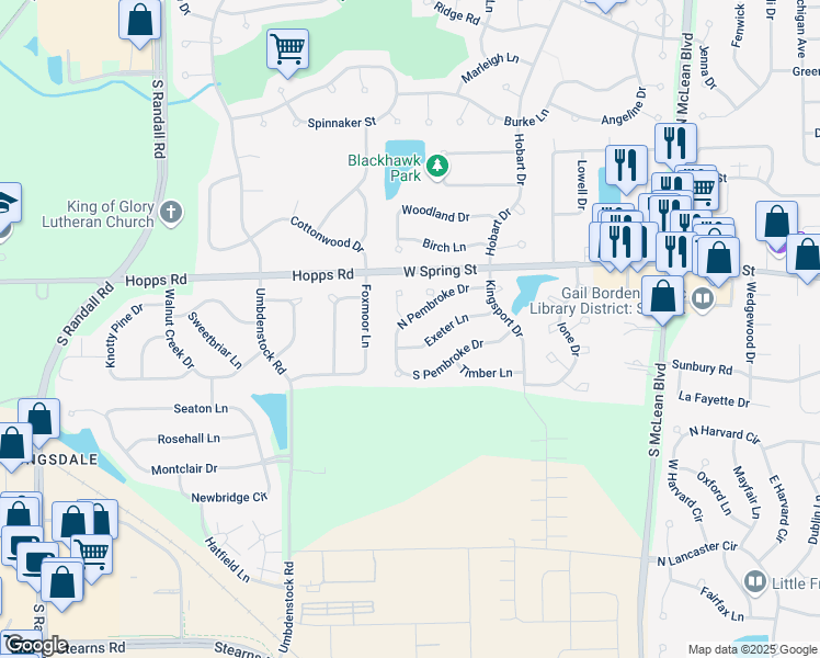 map of restaurants, bars, coffee shops, grocery stores, and more near 1504 Exeter Lane in South Elgin