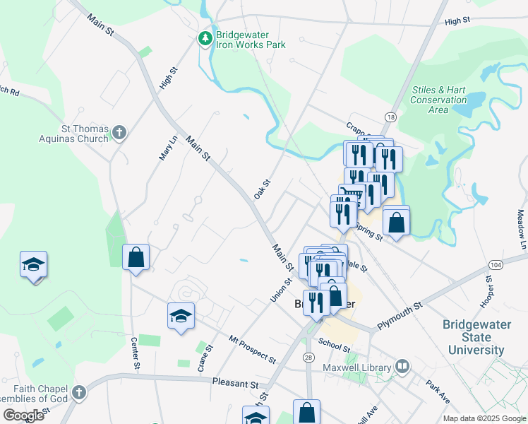 map of restaurants, bars, coffee shops, grocery stores, and more near 15 Hammond Street in Bridgewater