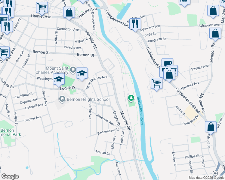map of restaurants, bars, coffee shops, grocery stores, and more near 737 Manville Road in Woonsocket