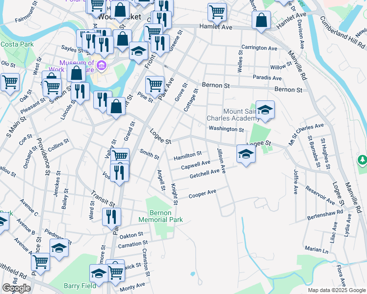 map of restaurants, bars, coffee shops, grocery stores, and more near 54 Hamilton Street in Woonsocket