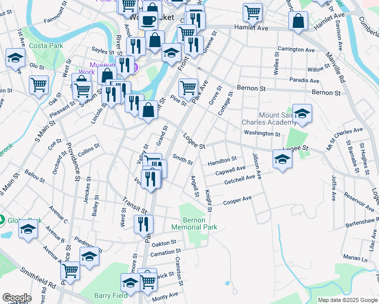 map of restaurants, bars, coffee shops, grocery stores, and more near 69 Knight Street in Woonsocket