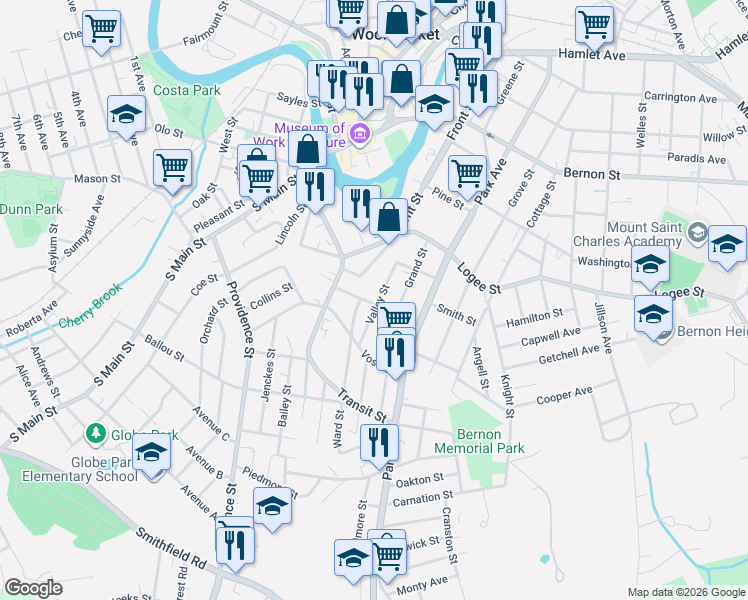 map of restaurants, bars, coffee shops, grocery stores, and more near 79 Cross Street in Woonsocket