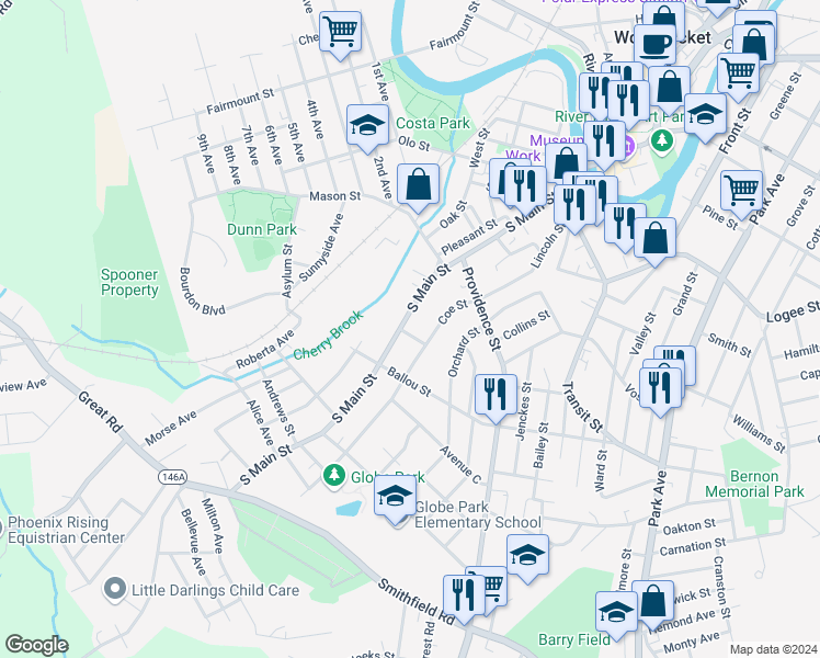 map of restaurants, bars, coffee shops, grocery stores, and more near 39 Wilbur Avenue in Woonsocket