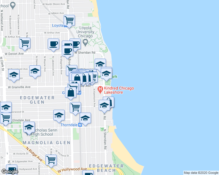 map of restaurants, bars, coffee shops, grocery stores, and more near 6157 North Sheridan Road in Chicago