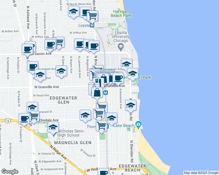 map of restaurants, bars, coffee shops, grocery stores, and more near 6158 North Winthrop Avenue in Chicago